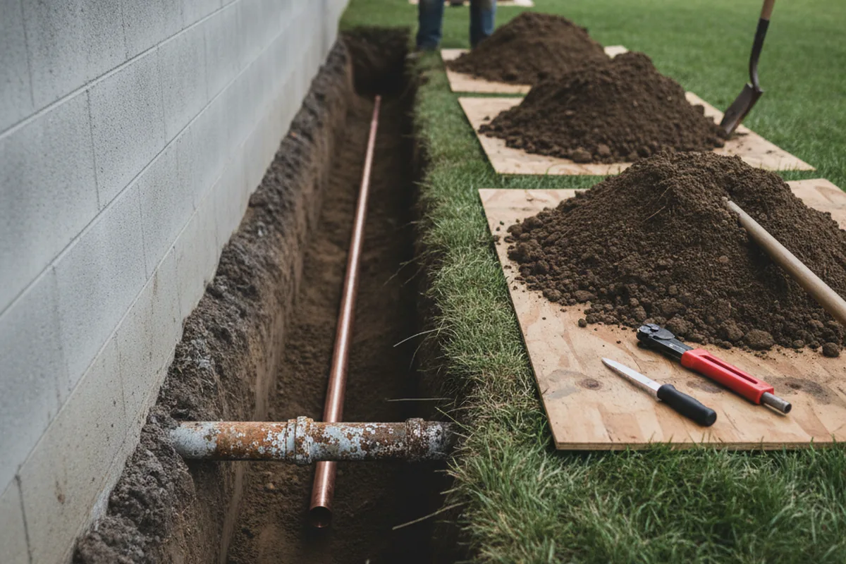 Excavated water line trench during Sewer Line Repair in Earlysville